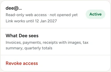 Your accountant in the app: read-only web access, active, what they can see, and a way to take the access away.