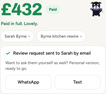 A paid invoice in the app. Under the amount: review request sent to the client by email.