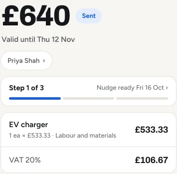 A quote in the app, marked Sent: the amount, the valid-until date, the follow-up strip with the next nudge ready, and the EV charger it is for.
