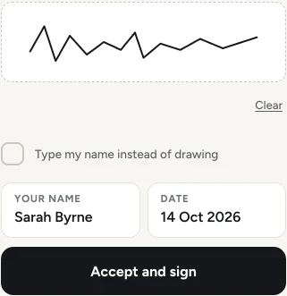 The quote a client is sent, at the part where they sign: a signature drawn with a finger, their name, the date, and an Accept and sign button.