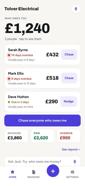 The first frame of the recording: Home in the app, with who owes you and the plus button.